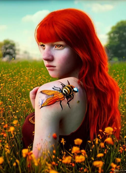 Prompt: An epic fantasy comic book style portrait painting of a young red headed girl with a golden bee tattoo on her shoulder in a field of flowers , unreal 5, DAZ, hyperrealistic, octane render, cosplay, RPG portrait, dynamic lighting