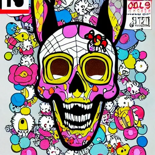Image similar to portrait painting goofy skull skeleton, hello kitty, comic book, pokemon, highly detailed, art by Singer Sargent and damien hirst