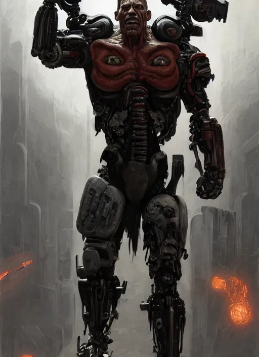 Image similar to danny trejo as victor stone, full body concept, cyborg, borg, strogg, face of a man, terminator, flesh, quake strogg, doom demon, wolfenstein, monstrous, powerful, symmetry, symmetrical, concept art by ruan jia and greg rutkowski