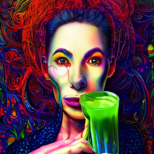 Prompt: an extremely psychedelic wideshot of an woman drinking juice, surreal, lsd, face, detailed, intricate, elegant, lithe, highly detailed, digital painting, artstation, concept art, smooth, sharp focus, illustration