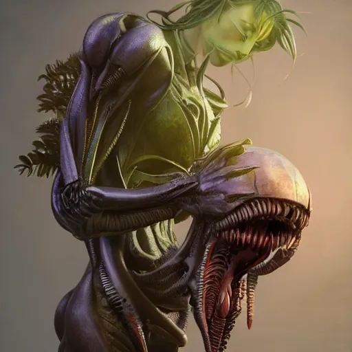 Image similar to a xenomorph made of plants, art by artgerm and greg rutkowski and alphonse mucha, concept art, octane render, unreal engine 5, highly detailed, high quality, 8 k, soft lighting, realistic face, path traced