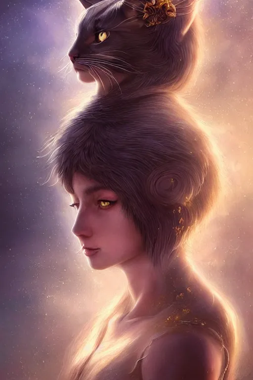 Prompt: majestic and regal portrait of a beautiful young cat girl!!, cat ears, tail, intricate, epic, elegant, menacing, fantasy, highly detailed, digital painting, hard focus, beautiful volumetric lighting, epic light, ultra detailed, souls, smoke, by leesha hannigan, ross tran, thierry doizon, kai carpenter, ignacio fernandez rios