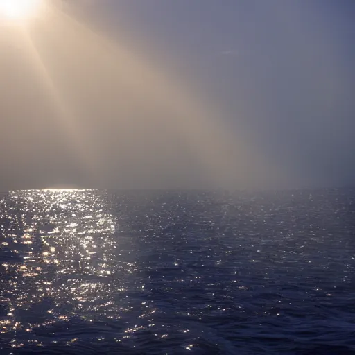 Prompt: view of a trawl net passing over the seafloor at eyeline, rays of sunlight passing through the water