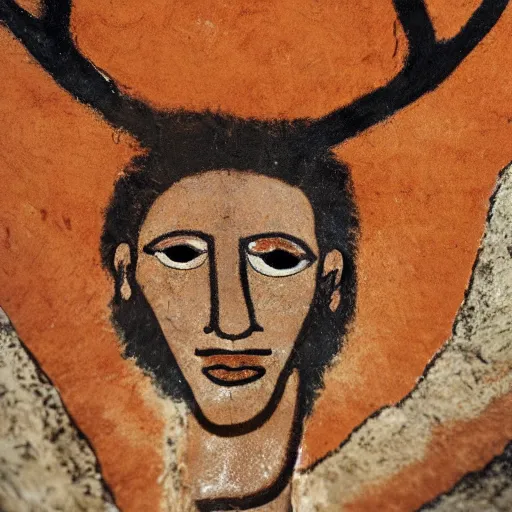 Prompt: cave painting of a man with antlers, altamira, ochre, very detailed, beautiful, 4 k studio photo,