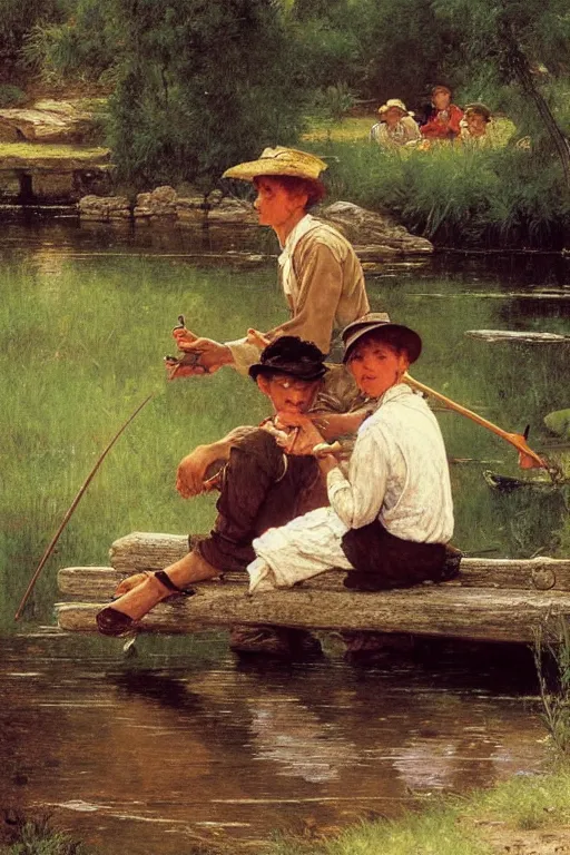 Image similar to huckleberry finn and tom sawyer sit by the river and fish, norman rockwell, victor Nizovtsev, bouguereau