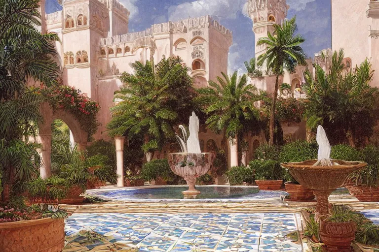 Image similar to painting of a beautiful moorish palace courtyard garden, by ludwig deutsch, patterned tilework, palm trees, tiled fountains, extremely detailed, cinematic lighting, smooth sharp focus