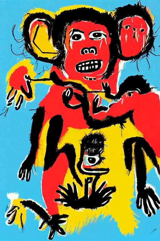 Image similar to an illustration of monkeys killing children in the style of basquiat by margaret wise brown, blue and black