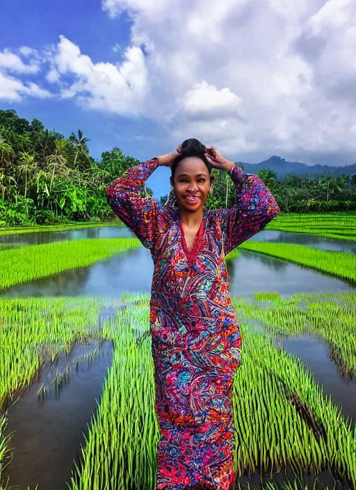 Prompt: emam watson wearing batik bali in bali. temple lake rice field ocean. front view. instagram closeup holiday photo shoot, perfect faces, beautiful