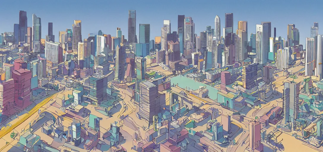 Image similar to concept illustration art for los angeles skyline by lou romano and dice tsutsumi