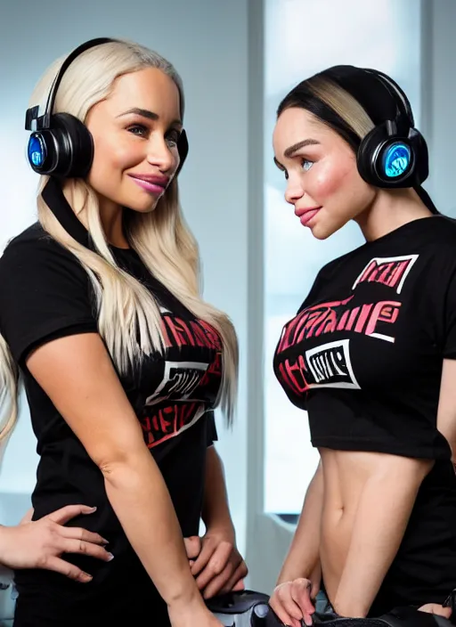 Prompt: portrait of lindsey pelas and emilia clarke wearing t shirt and headset while playing video games, by charlotte grimm, natural light, detailed face, canon eos c 3 0 0, ƒ 1. 8, 3 5 mm, 8 k, medium - format print, half body shot