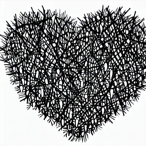 Prompt: black and white drawing of a heart covered with thorns, very contrasted