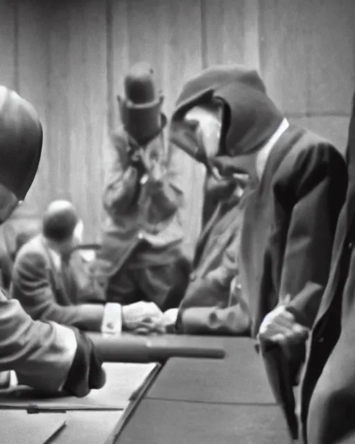 Image similar to Limp Bizkit at Nuremberg trials, grainy photography, HD resolution, realistic, monochrome, cinematic, unreal engine 5