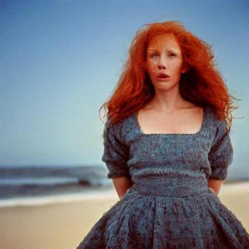 Prompt: portrait photography of a beautiful ginger model with bright blue eyes standing in front of ocean, Joel Meyerowitz, 35mm, kodak film photo