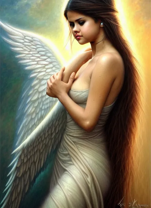 Image similar to selena gomez as an angel, aesthetic, fine art, intricate, elegant, highly detailed, realistic hair, centered, digital painting, art station, conceptual art, soft, sharp focus, illustration, artwork, artgerm, tomasz alen kopera, peter mohrbacher, donato giancola, wlop, boris vallejo