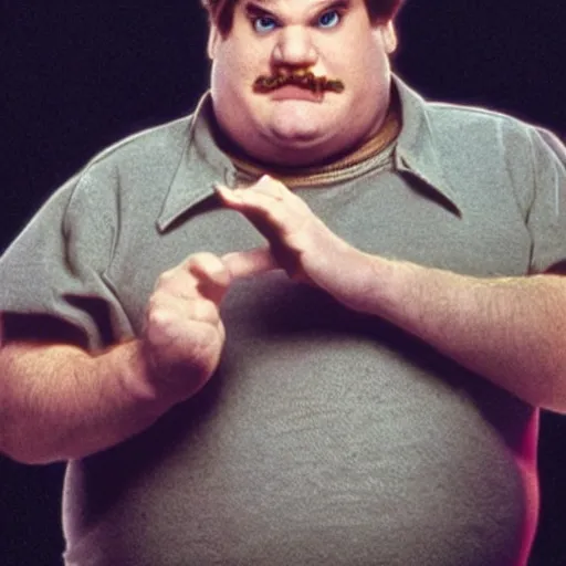 Image similar to live-action-Wario-hollywood movie casting, played by Chris Farley, posing for poster photography