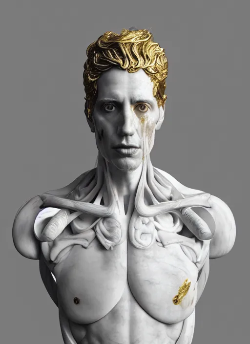 Image similar to a statue made of white marble with gold veins, of john linnell from they might be giants, transhumanism, full body shot, perfect symmetrical body, perfect symmetrical face, hyper realistic, hyper detailed, by johannen voss, by peter kemp, by monia merlo, by michelangelo, octane render, blender, 8 k