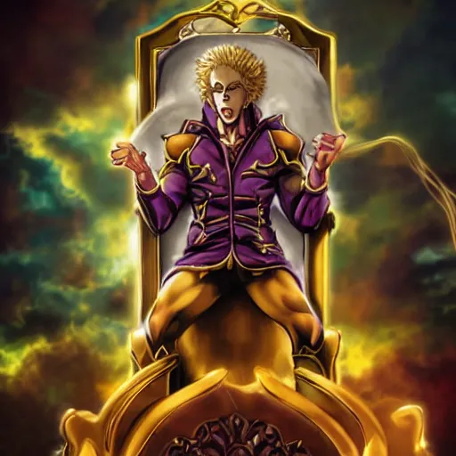 Prompt: dio from jojo's bizarre adventure sitting on a throne, matte art by ross tran, dim lighting