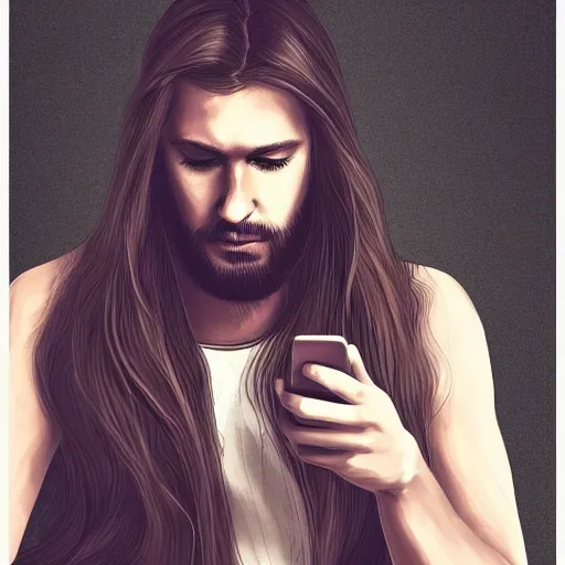 man with long hair looking at his phone, digital art, | Stable Diffusion |  OpenArt