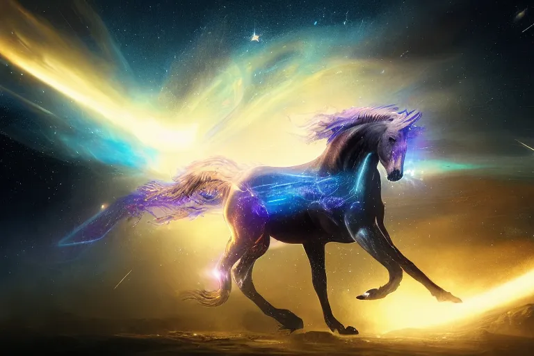 Image similar to a stunning horse made of a illuminated astronomical map running through a space nebula by greg rutkowski, high key lighting, volumetric light, digital art, highly detailed, fine detail, intricate, ornate, complex, octane render, unreal engine, photorealistic