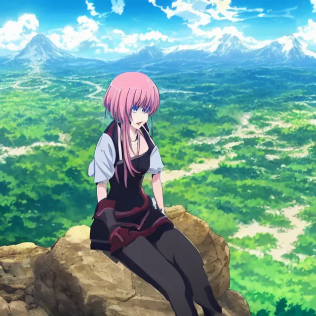 Prompt: An anime girl sitting atop a mountain, overlooking a vast kingdom, an anime still by Madhouse Animations