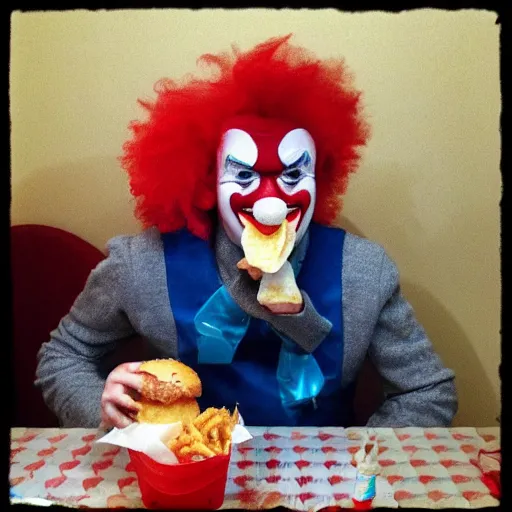 Image similar to KFC clown eating McDonald's burger