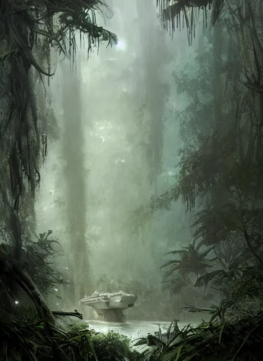 Image similar to aircraft carrier USS Nimitz overgrown with vegetation laying on the ground of a tropical forest, post appocalyptic, by Luis Royo, by Greg Rutkowski, dark, gritty, intricate, cover illustration, concept art, volumetric lighting, volumetric atmosphere, sharp focus, octane render, trending on artstation, 8k