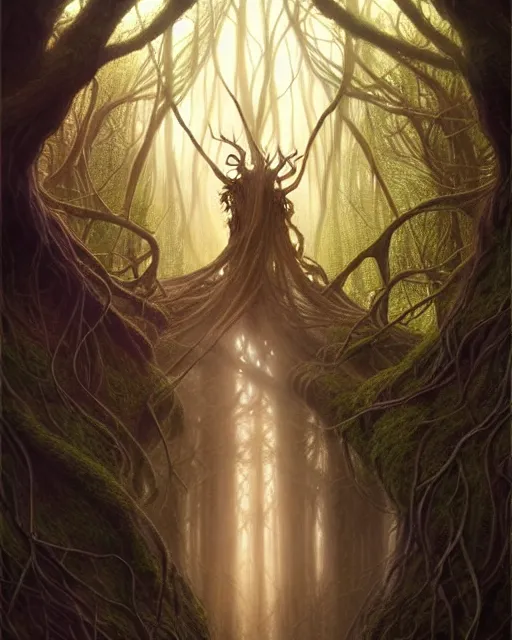 Image similar to symmetry portrait of moss king of ent of fangorn forest, glam, fae, fireflies, forest background, intricate, elegant, highly detailed, digital painting, artstation, concept art, smooth, sharp focus, illustration, darkness, art by artgerm and greg rutkowski and fra angelico and alphons mucha