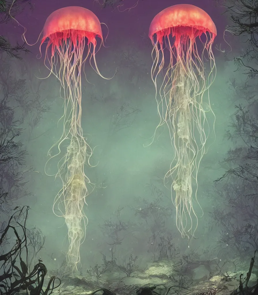 Image similar to brilliant alien jellyfish forest color scientific illustration by Ernst Haekel, Hayao Miyazaki, foggy, ambient occlusion, color illustration with orthographic views