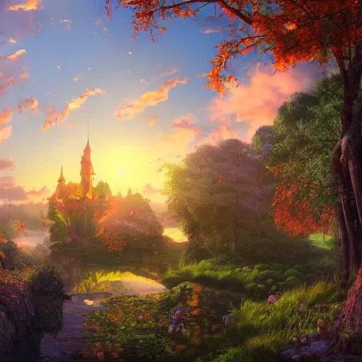 Image similar to realistic, fairytale land, sunset, detailed, trending on artstation