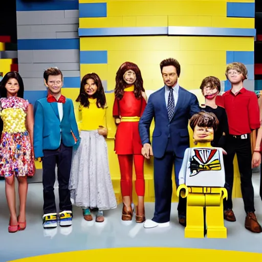 Prompt: hugh jackman as the host of lego masters, fashion photo,