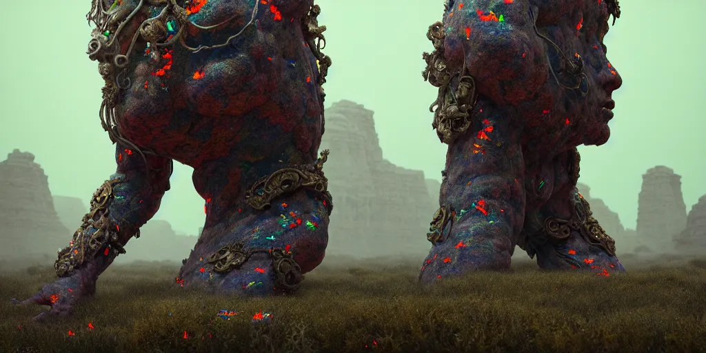 Prompt: ancient giant dead god made entirely of opal in desolate and lush landscape, moody, :: by James Jean, Jeff Koons, Dan McPharlin Daniel Merrian :: ornate, dynamic, particulate, rich colors, intricate, elegant, highly detailed, centered, artstation, smooth, sharp focus, octane render, 3d