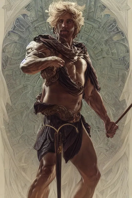 Image similar to portrait of bartelby montclair of dresdin as a herculian man, forest, full body, muscular, fantasy, intricate, elegant, highly detailed, digital painting, artstation, concept art, sharp focus, illustration, art by artgerm and greg rutkowski and alphonse mucha