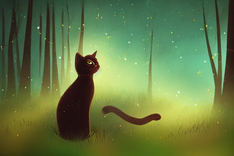 Prompt: a cat in a forest at night with fireflies, trending on artstation, night lighting, fanart, bokeh, dreamy