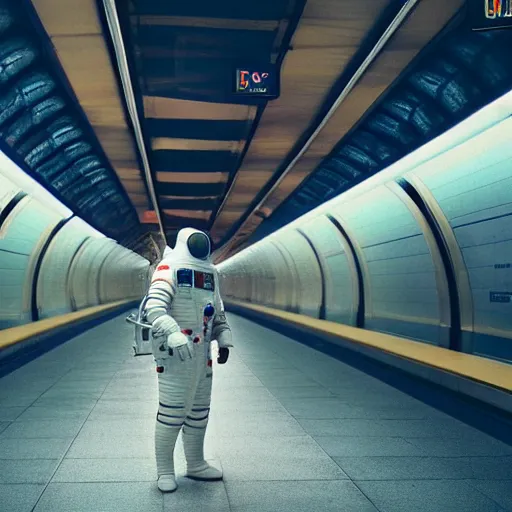 Image similar to a beautiful photo of an astronaut waiting in a subway station, 1970', soft light, morning light, photorealistic, realistic, octane, 8k, cinematic shot