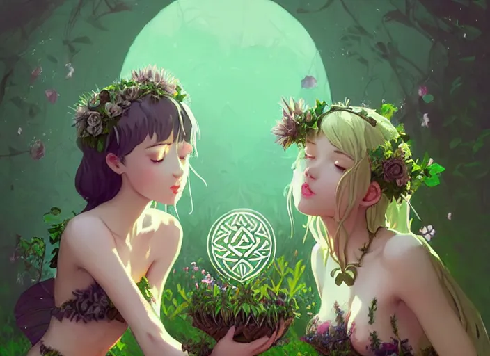 Image similar to two cute fairy girls with crown of flowers in plants bikini covered with celtic rune tattoos kissing, fantasy, by atey ghailan, by greg rutkowski, by greg tocchini, by james gilleard, by joe gb fenton, by in kaethe butcher, dynamic lighting, gradient light green, brown, blonde cream and white color in scheme, grunge aesthetic