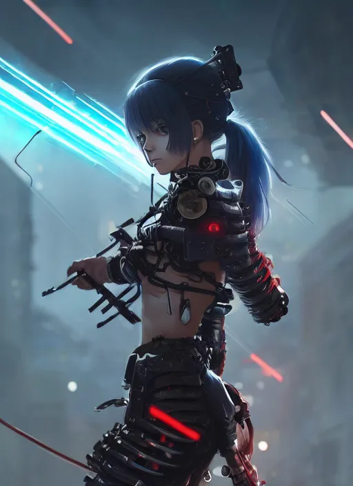 Prompt: cool cyberpunk cyborg samurai girl, battle pose, laser swords, beautiful, detailed portrait, intricate complexity, concept art by krenz cushart, kyoto animation, wlop. 4 k, beautiful, cinematic dramatic atmosphere, sharp focus, perfect lightning