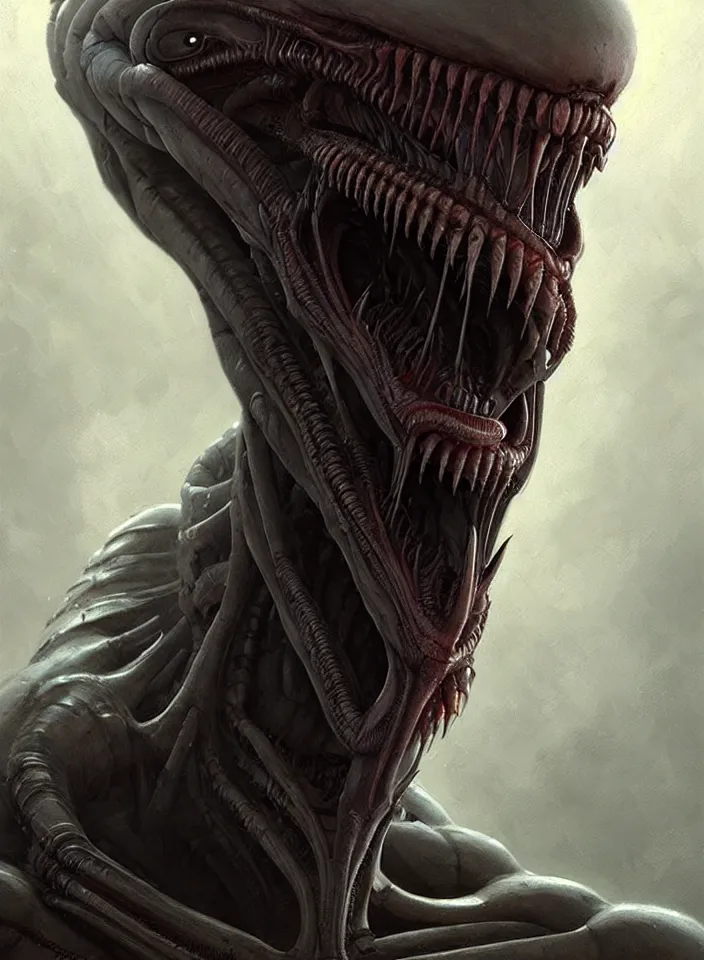 Image similar to a face portrait of a creature invoking fear, art by greg rutkowski, alien xenomorph, horror setting, dark lighting, matte painting, trending on artstation, very detailed