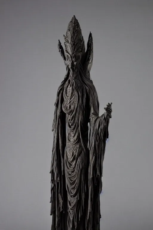 Image similar to a cinematic view of an highly ornated intricate macabre impressionist sacred statue of veiled ghoul made in light dark oak, with few ornaments in shiny polished graphite, sculpted by hedi xandt and antonio corradini, dark surrealism, freak gothic style