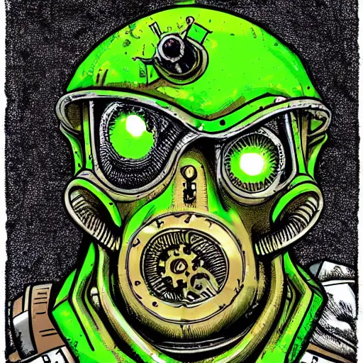 Image similar to highly detailed steampunk portrait of a morbid obese undead heavy soldier with heavy machine guns, rusty, green radioactive glow, toxic waste, wastelands