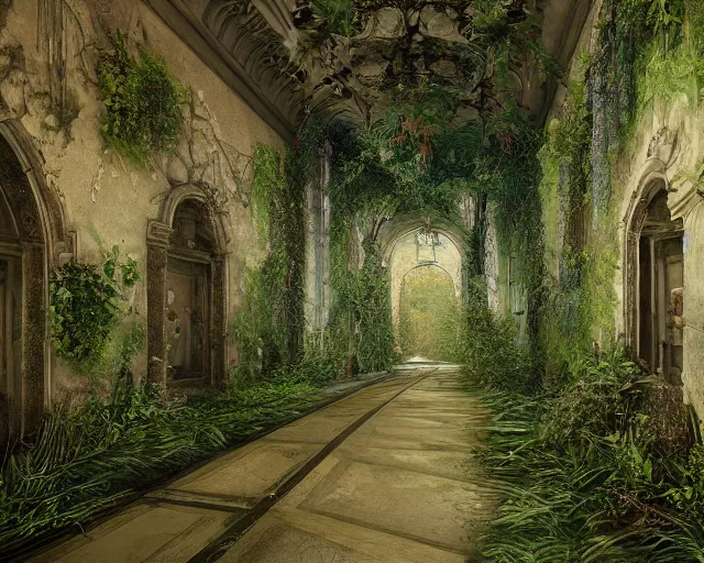 Image similar to Overgrown hallway, immaculate scale, matte painting, digital art, trending on Artstation, hyper-realistic, detailed, ultra detailed