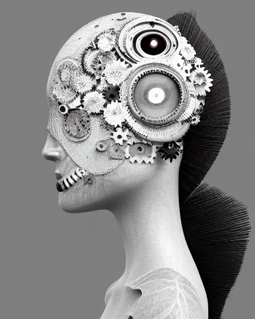 Image similar to black and white dreamy foggy smoky profile face portrait, one silver steampunk eye biomechanical beautiful young female cyclope - cyborg - robot bust, body ribs meshes,, volumetric light, hibiscus flowers, by hg giger, rim light, by dora maar and cecile beaton, big gothic fashion pearl embroidered collar, 8 k