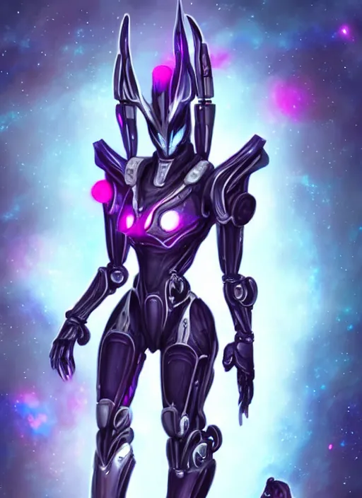 Image similar to detailed cinematic shot, cosmic sized perfectly proportioned stunning beautiful hot female warframe, robot mecha female dragon head, metal ears led eyes, silver armor, fuschia leds, floating in empty space, nebula sized, holding a galaxy, epic proportions, epic size, epic scale, furry art, dragon art, giantess art, warframe fanart, furaffinity, deviantart