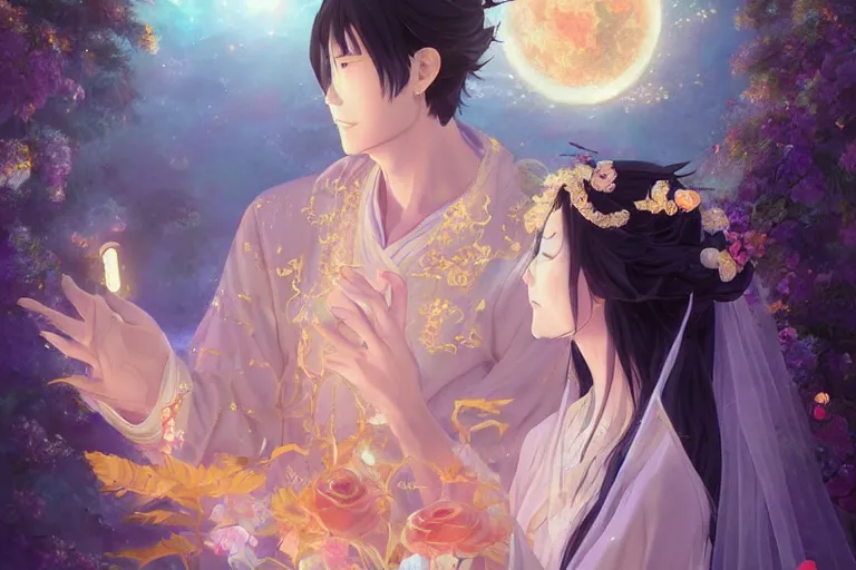 Image similar to a dreamlike portrait of wedding photograph close up moment of a divine a taiwan sun god and moon goddess lovers magician at a wedding banquet. portraiture. digital painting. artstation. concept art. fantasy wedding photo. digital painting, 8 k realistic, hyper detailed, by makoto shinkai and akihiko yoshida and hidari and wlop