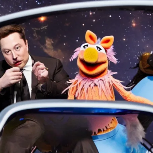 Image similar to muppets pigs in space with elon musk