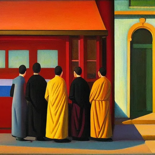 Image similar to monks queue up for ice cream, grant wood, pj crook, edward hopper, oil on canvas