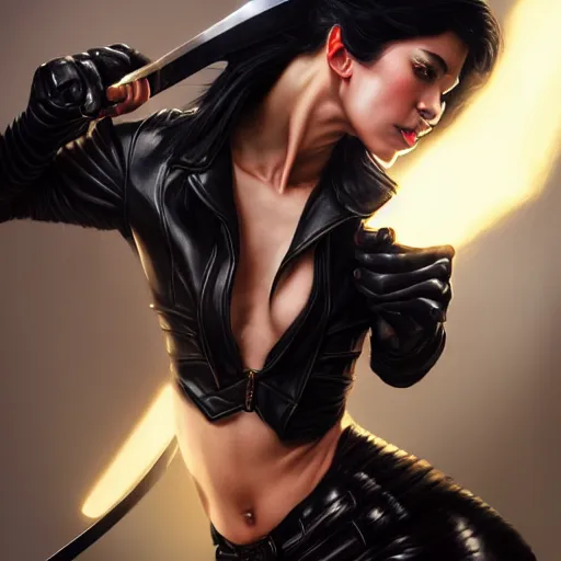 Image similar to an action photo of a black haired woman in a black leather jacket in a swordfight, muscular upper body, abs, d & d, fantasy, intricate, elegant, highly detailed, digital painting, artstation, concept art, smooth, sharp focus, illustration, art by artgerm and greg rutkowski and alphonse mucha