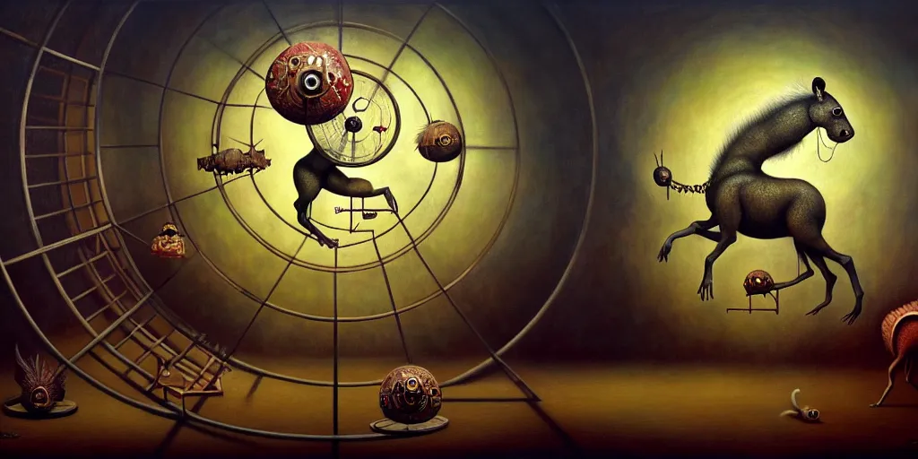 Image similar to trapped on the hedonic treadmill like a hamster on a wheel, ixion's wheel, uncanny, dark surreal oil painting by ronny khalil, shaun tan, and leonora carrington