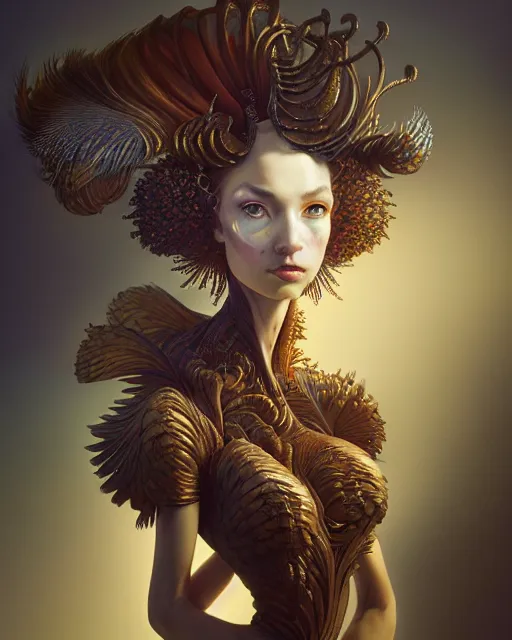 Prompt: of augean stables, ornate, ostrich feathers, imperil, beauty, complex 3 d render by peter mohrbacher, wlop, ilya kuvshinov, thomas kinkade, victo ngai, costume inspired by iris van herpen, sharp focus, unreal engine, octane, global illumination, highly detailed, masterpiece, award winning, post processing