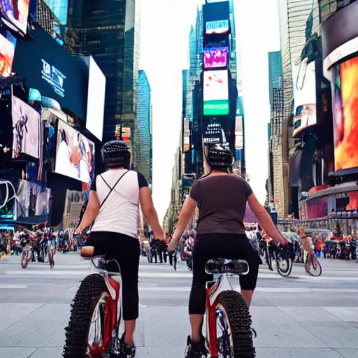 Image similar to two whitw unicorns riding bikes in time square, photoreal