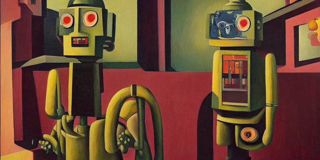 Image similar to devious robot with shifty eyes portrait, lowbrow, pj crook, grant wood, edward hopper, oil on canvas